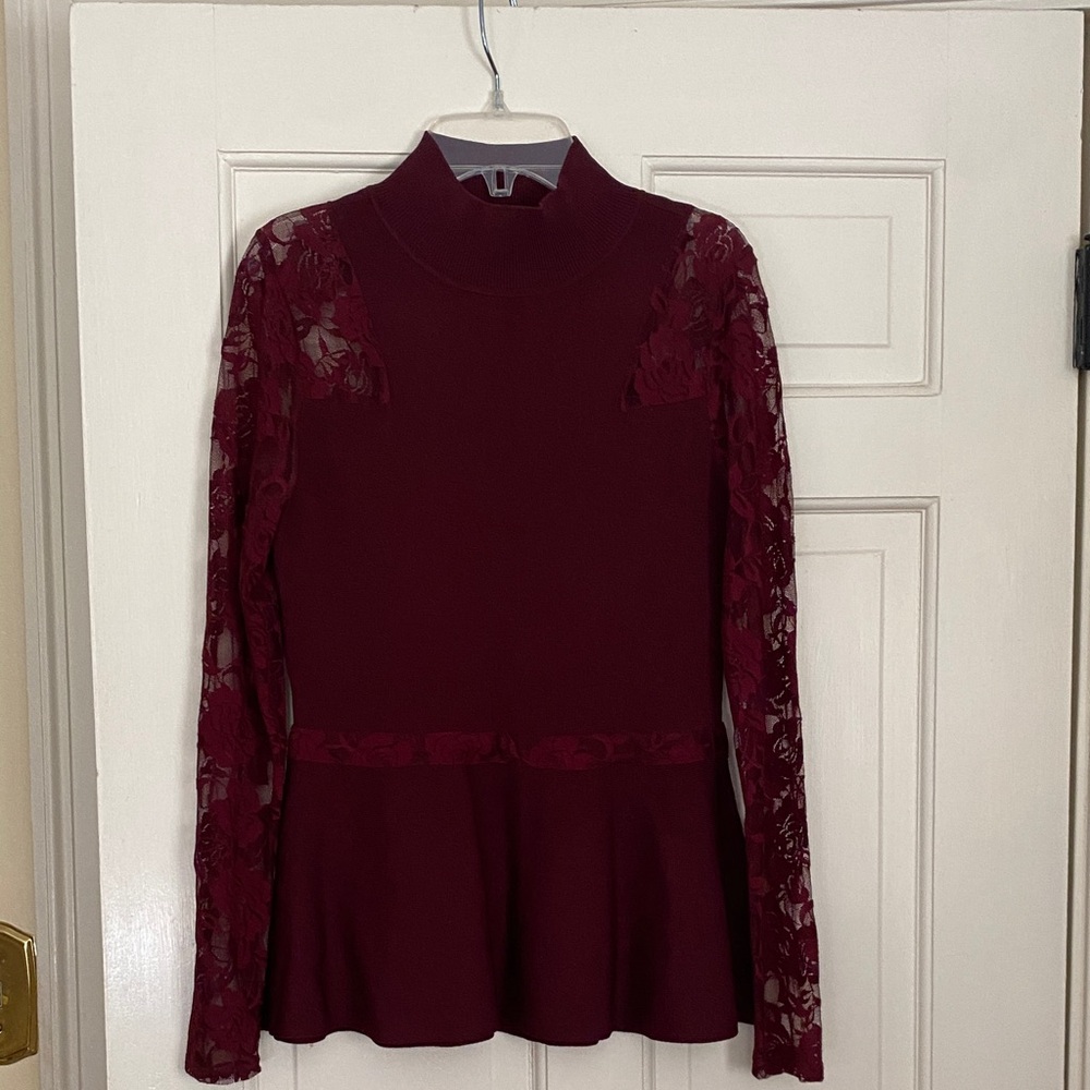 INC International Concepts Maroon Lace Sleeve Blouse
